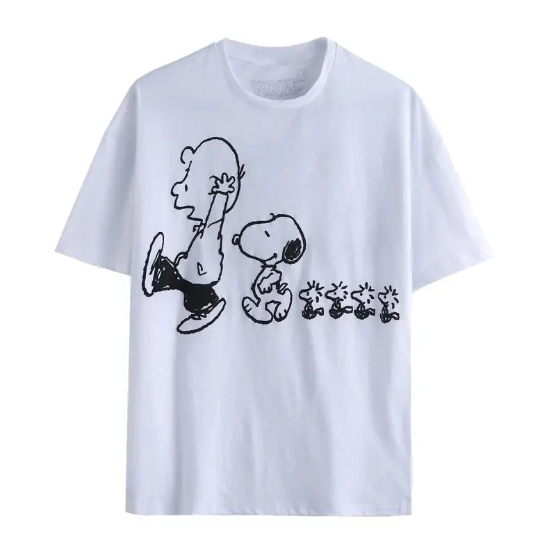 

2022 Summer Adult Charlie Brown Snoopy White Print Cotton Short Sleeve T-Shirt Fashion T-Shirt S-L Kawaii Anime Plush Clothing