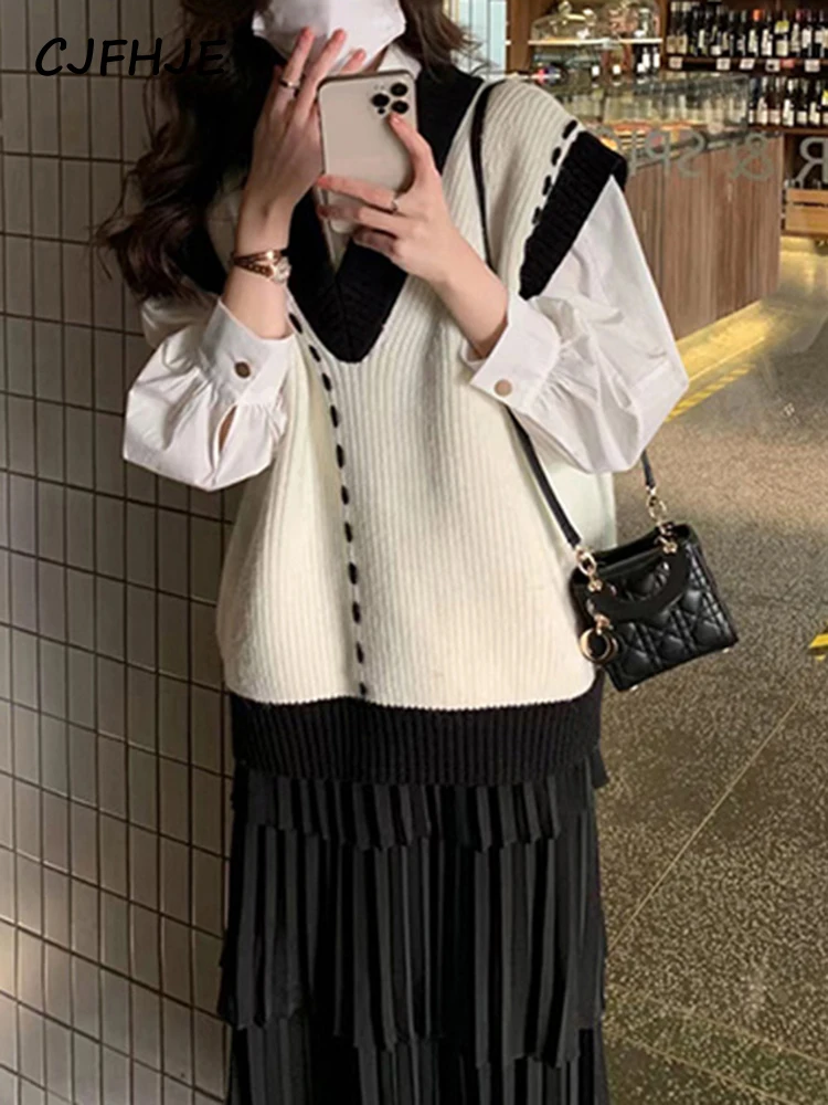 

CJFHJE Winter Knitted Vest Sweater Women Korean Fashion Casual Sleeveless Tank Pullovers Spell Color Vintage Sweater Vest Female