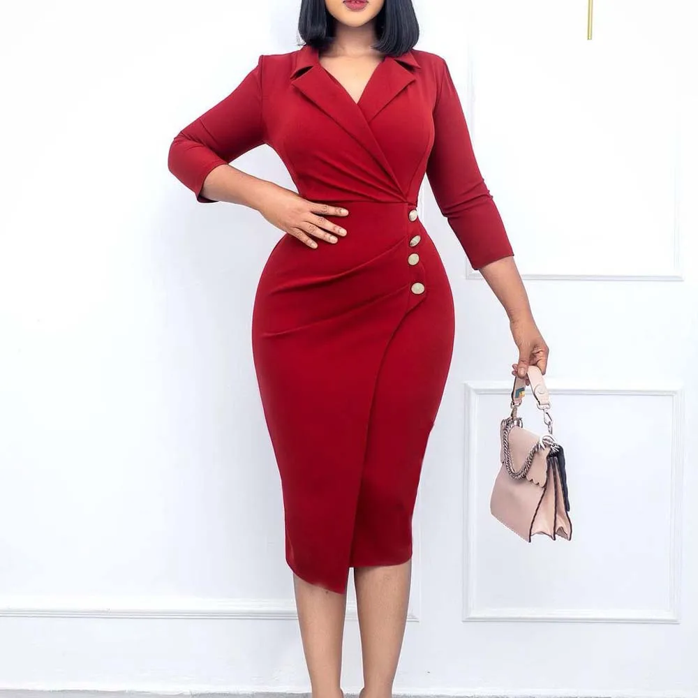 

2022 New Tight Professional Office Pencil Dress 3/4 Sleeve Suit Collar Irregular Elegant Dress For Women Summer 2022 New African