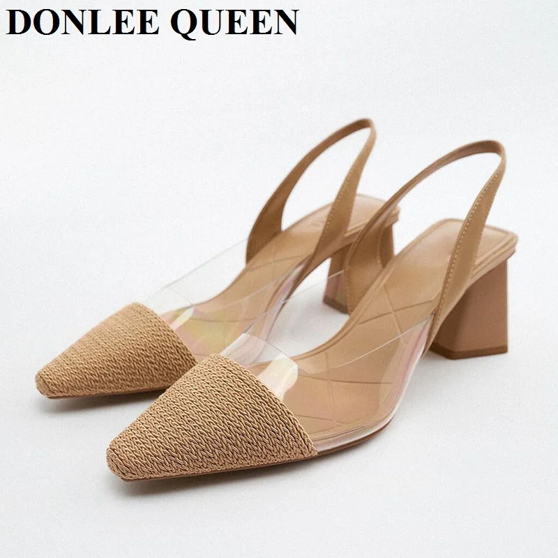 

2023 прозрачные сандалии из ПВХ, женские модные брендовые прозрачные туфли на толстом каблуке, туфли-лодочки для искусственной обуви, без застежки, женские мюли с ремешком на пятке