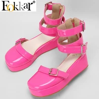 eokkar 2022 hot pink patent leather pumps wedge high heel platform buckle pumps ankle strap round toe back zipper burgundy pumps