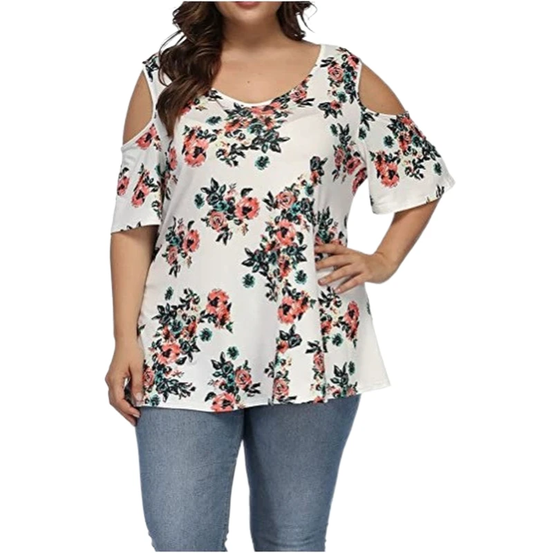 Womens Plus Size Tops 2022 Summer Sexy Off Shoulder Top Casual Short Sleeve Floral T Shirt Women Large Size 3XL 4XL 5XL Top