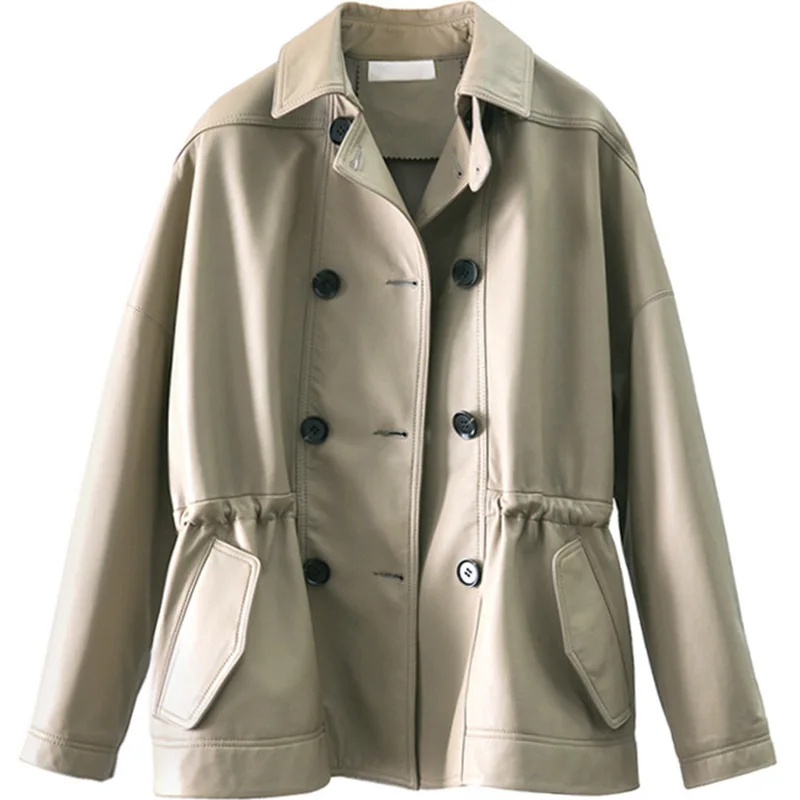 SHUCHAN  Genuine Leather Jacket  Sheepskin  Spring/Autumn  England Style  Double Breasted Leather Sheepskin Leather Jacket