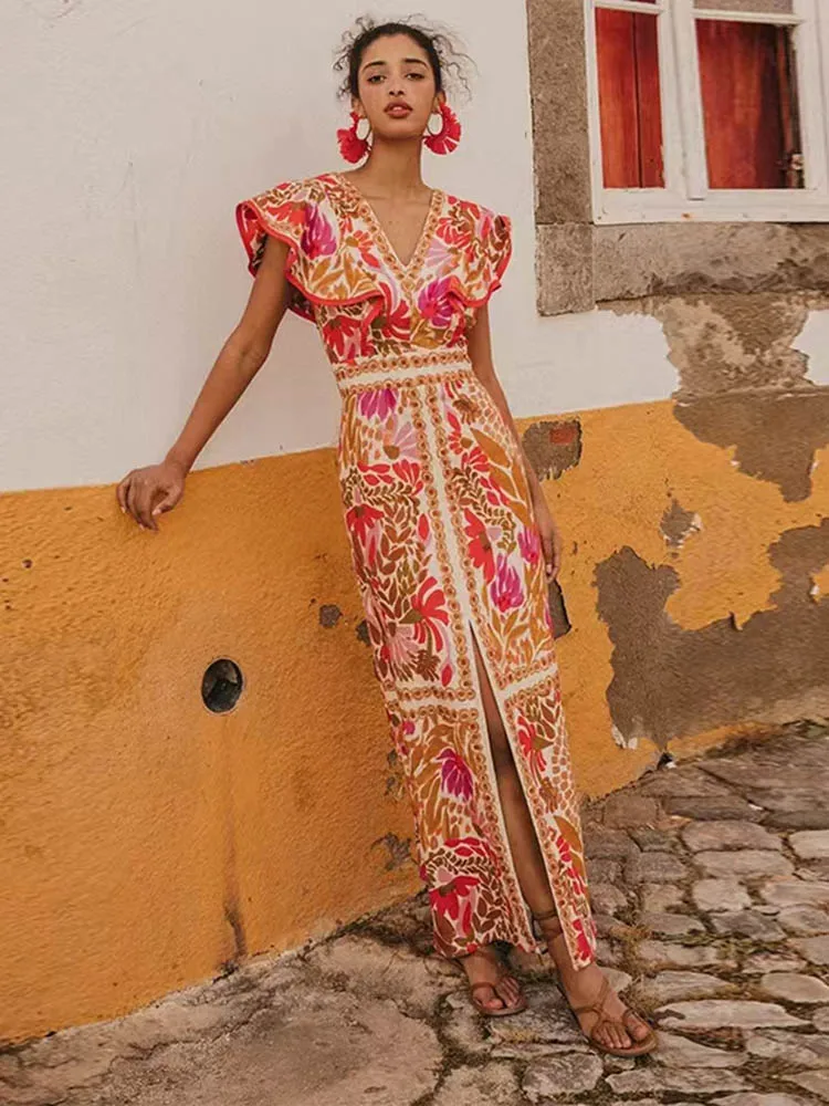 Женское платье макси SIYANG с ярким принтом v-образным вырезом и открытой спиной Vestige