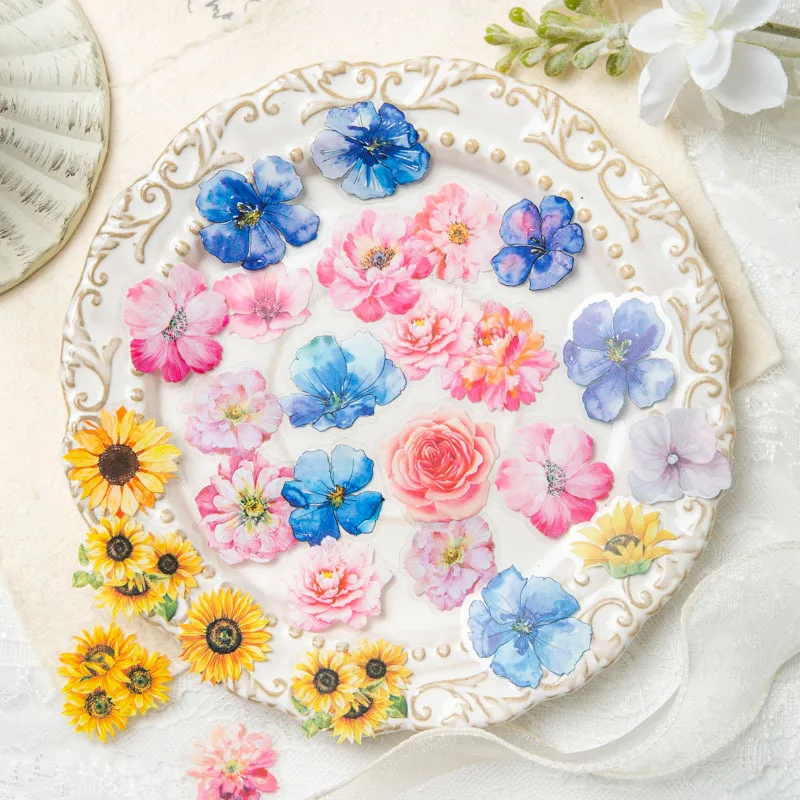 

1/2/3 packs,A beautiful day - PET flower stickers, watercolor flower hand ledger decorative collages, gifts
