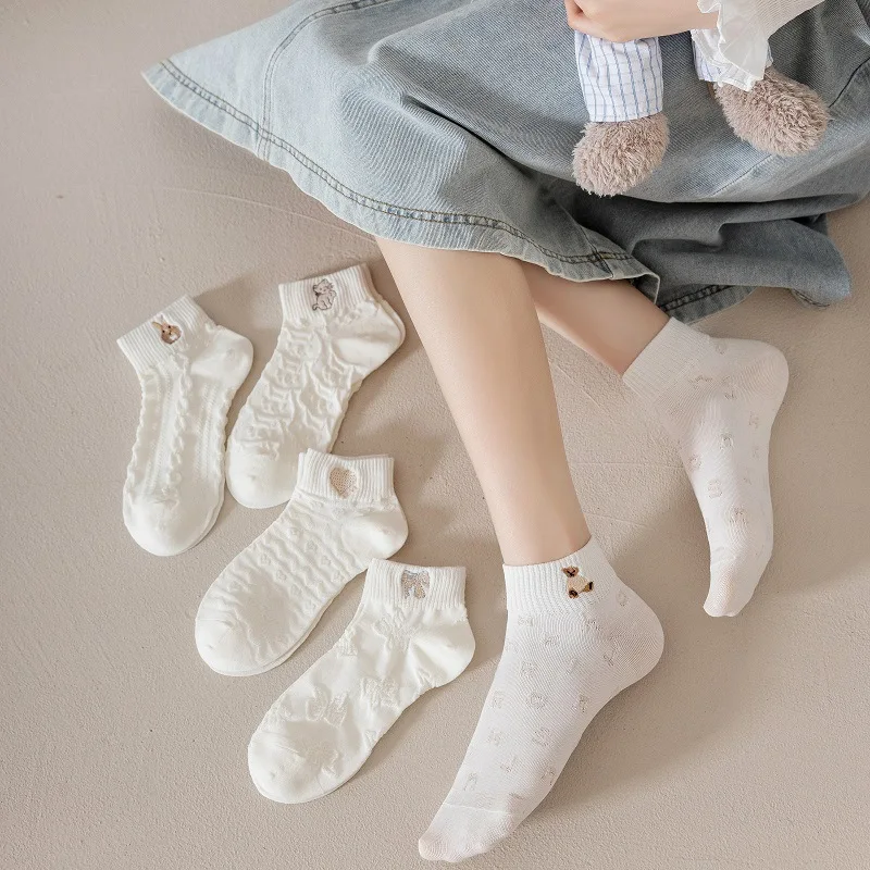 5 Pairs/set Women Socks Cotton Leisure Socks for Women Spring and Summer Korean Girls Japanese Cute Ins Tide White Girls Socks