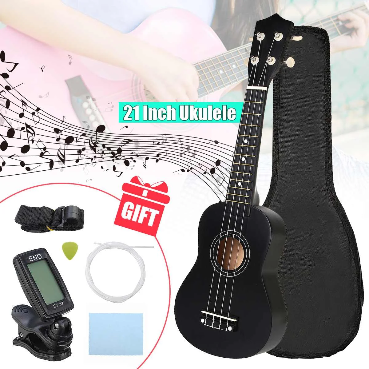 

Soprano Ukulele 21 inch Basswoood Beginner Ukelele 4 Strings Hawaiian Guitar Musical Instrument Kids Gift Uke +Tuner+Pick+Strap