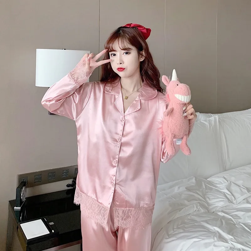 Silk Pajamas for Women Solid Lace Sleepwear Women Spring Autumn set woman 2 pieces Satin Ladies Pijamas Loungewear