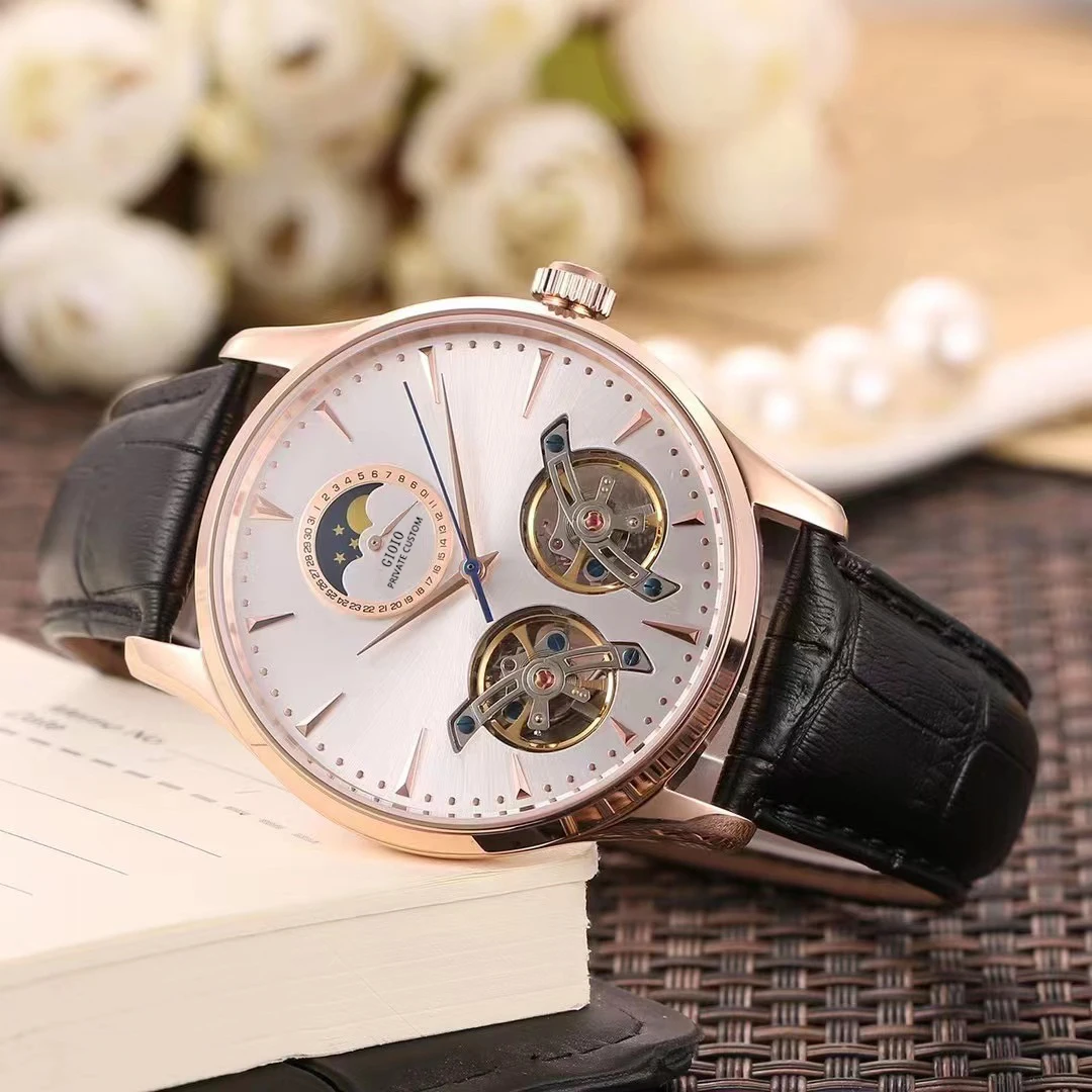 

42mm High Quality Mens Automatic Watch Mechanical Sapphire Moon Phase Black Blue Leather Luminous Rose Gold 2 Tourbillions