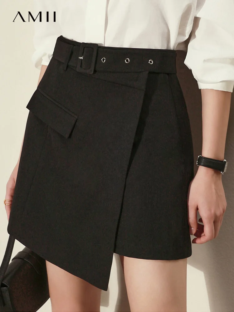 Amii Minimalist Summer Irregular Shorts Skirts for Women A-line Office Lady Casual Suit Pants Belt Solid Black Shorts 12240143