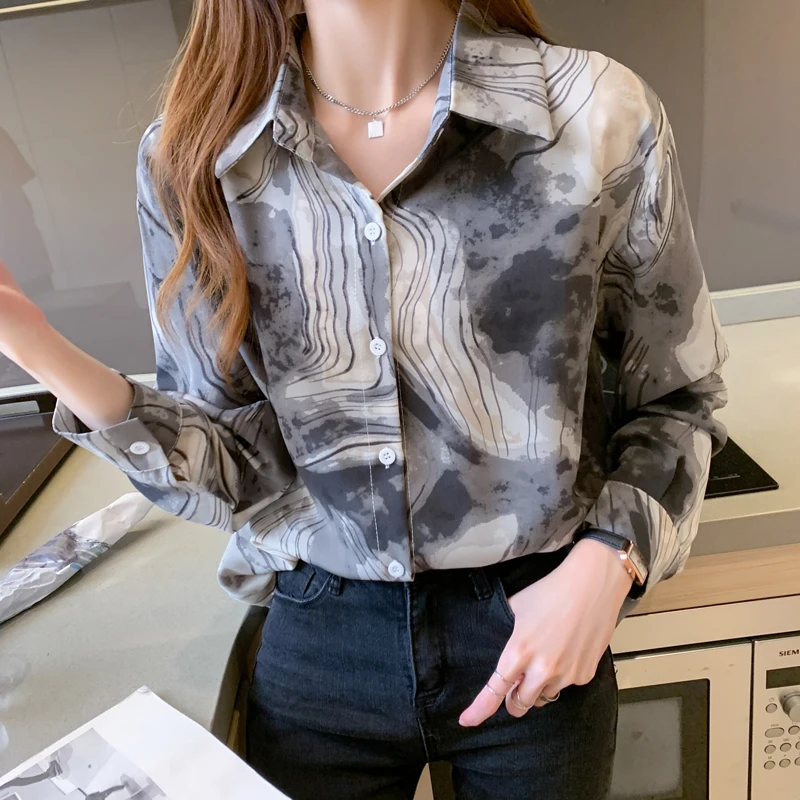 

Spring Loose Women Shirt Ink Splash Print Shirt Long-sleeved Ladies Shirt Long Sleeve Turn Down Neck Blusas Mujer De Moda 2022