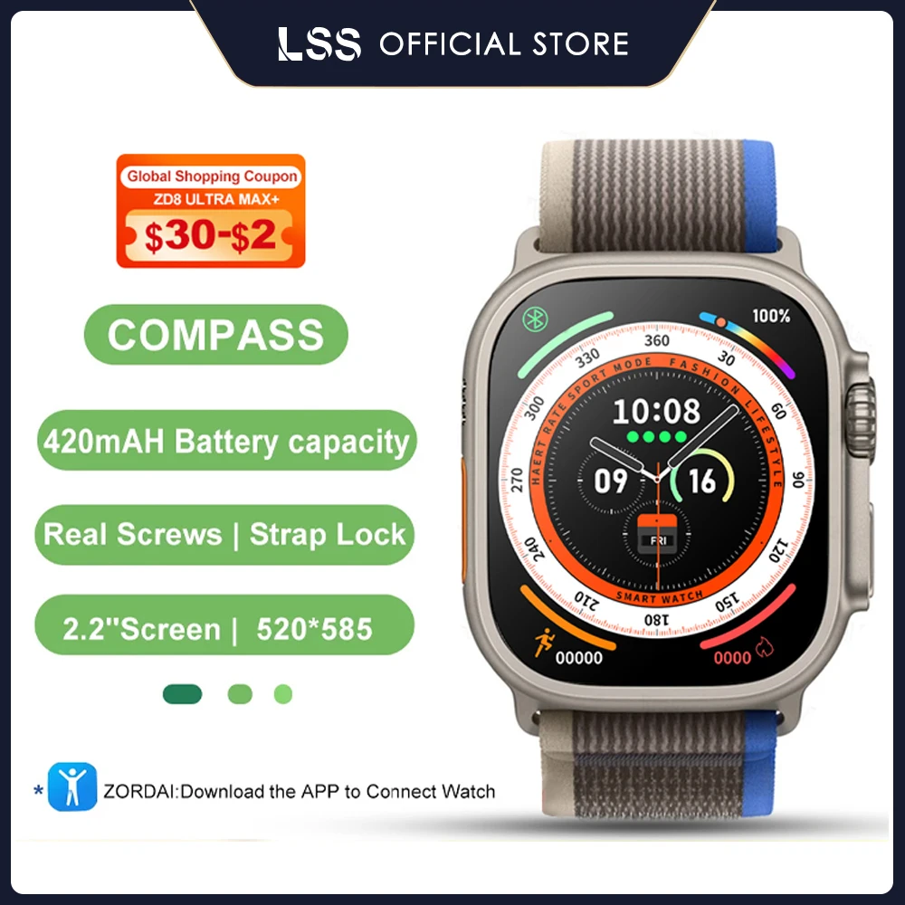 

2023 ZD8 Ultra Max + Smart Watch Series 8 49mm 2.2" Screen 1:1 Compass NFC Bluetooth Call ECG IP68 Waterproof Smartwatch for Men