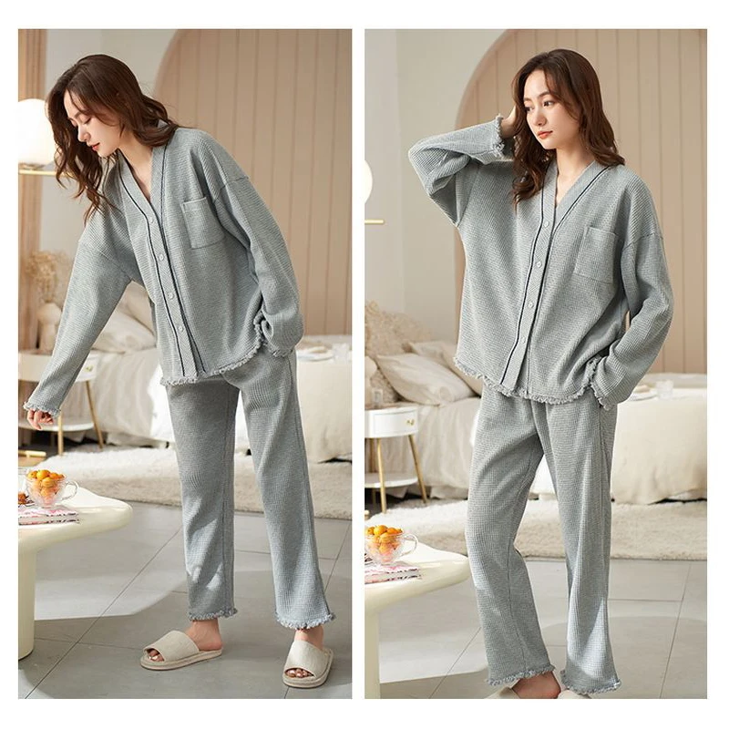 Spring Autumn And Winter 100% Cotton Comfortable Women's Pajamas Long-sleeved Trousers New Suit Can Be Worn Externally