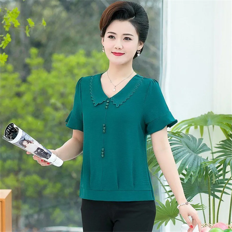 

Summer Women Elegant Chiffon Shirits Blouses Doll Collar Short Sleeve Casual Ladies Folds Print Tops Blusas