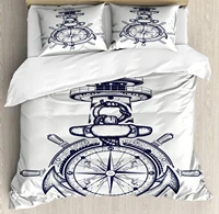nautical duvet cover set marine composition of anchor steering wheel lighthouse and compass decorative 3 piece bedding set