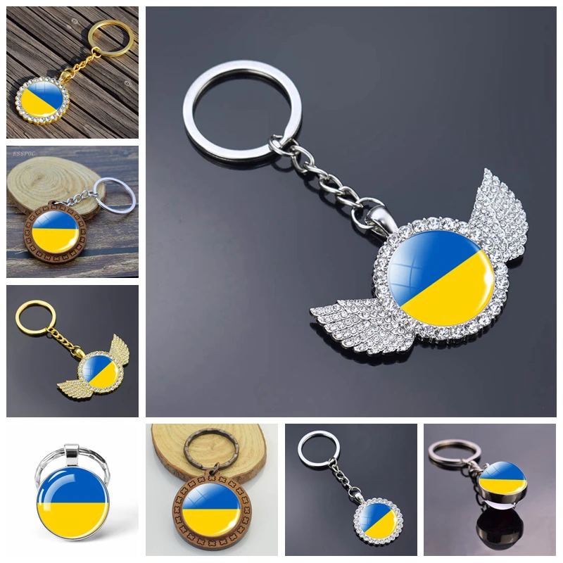 

Ukraine Flag Keychain Ukrainian Flag Jewelry Glass Dome Car Keychains Key Ring Patriot Gift