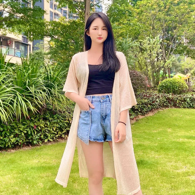 

Women's Summer Cardigan Fashion Sweaters Outerwear Long Black Clothing V-neck Korean Style Tricot Knitted Ladies Sweater White