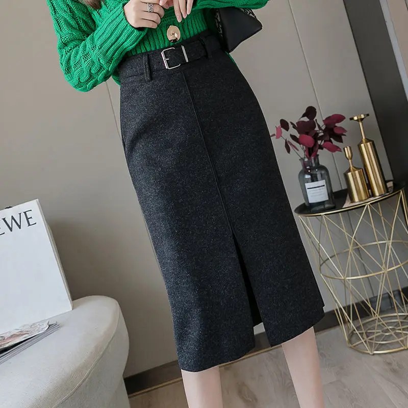 

Fall/Winter 2020 Woolen Skirt Women's Split Straight Skirt Belt Long Woman Skirts Mujer Faldas Saias Mulher