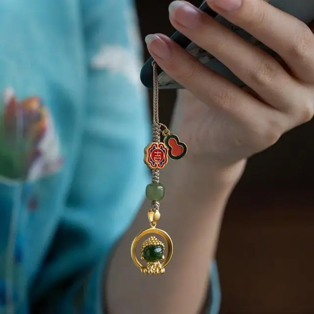 

Sterling silver ancient gold inlaid with Hotan Jade Buddha mobile phone chain lanyard short life year safety pendant pendant