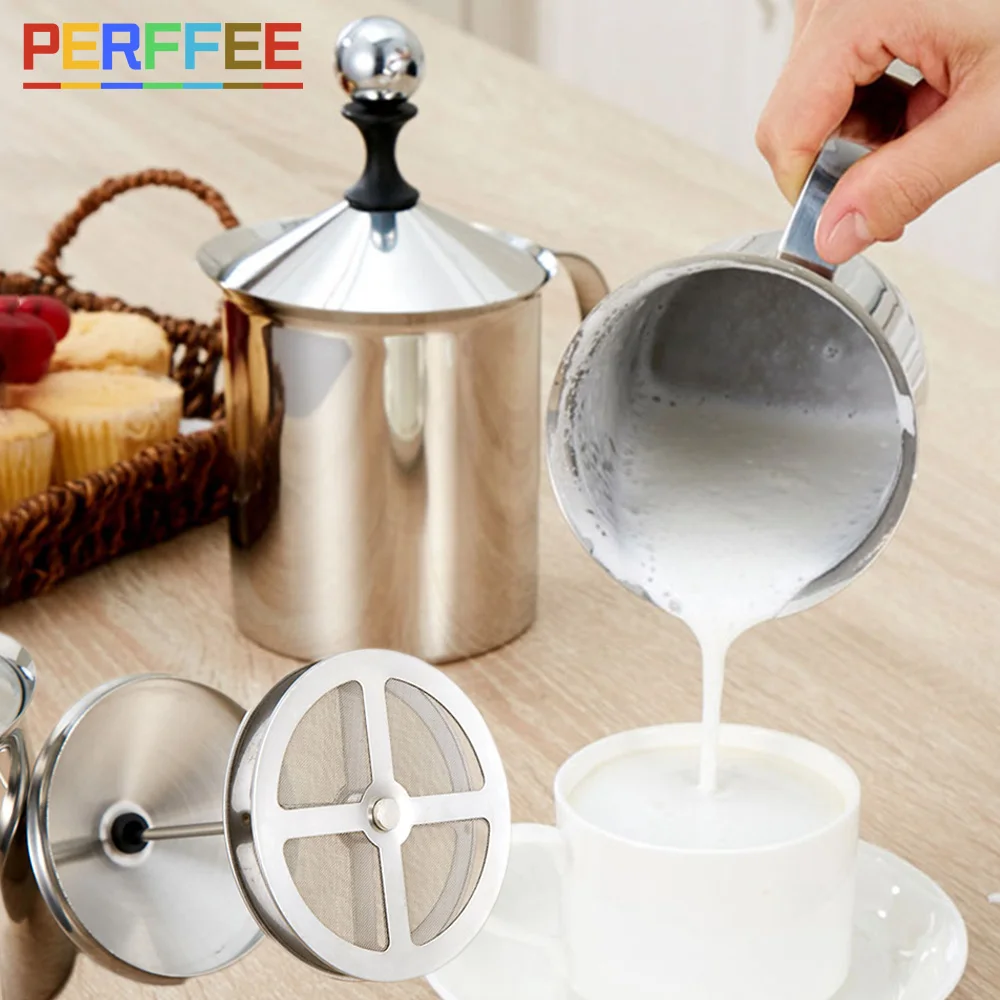 Stainless Steel Manual Milk Frother Milk Creamer Milk Foam Double Mesh Coffee Foamer Creamer Milk Frother Jug 400/800ML