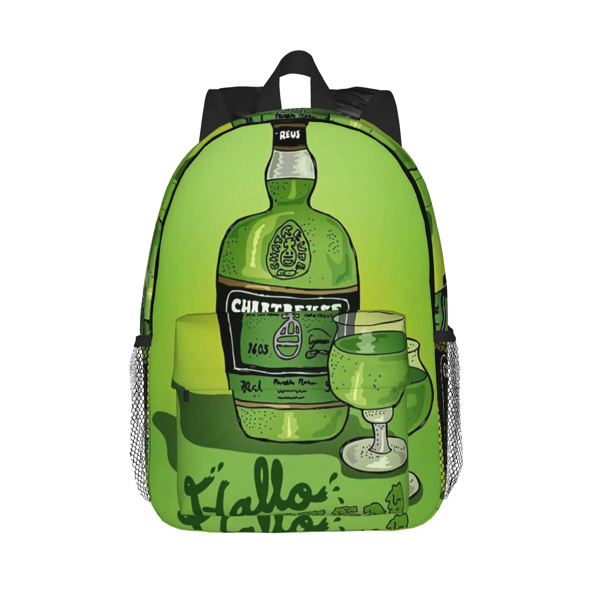 Фото Рюкзак с принтом «Зеленая бутылка Chartreuse» (масляная живопись), хит продаж, повседневный рюкзак для мальчиков и девочек, школьный ранец, сумка через плечо для мужчин и женщин №1