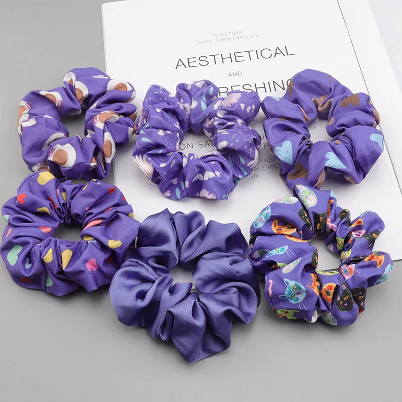 

Periwinkle Blue Print Series Scrunchies Women'S Headwear Satin Elastic Head Rope Hair Ring European American Hair Accessories