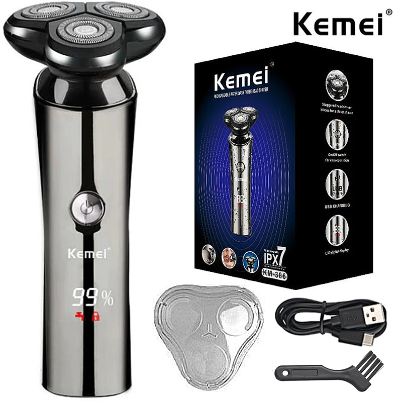 

Kemei, 3 лезвия, бритва для мужчин, перезаряжаемая вращающаяся плавающая бритва, триммер для бороды, машинка для бритья с ЖК-дисплеем для влажного и сухого бритья