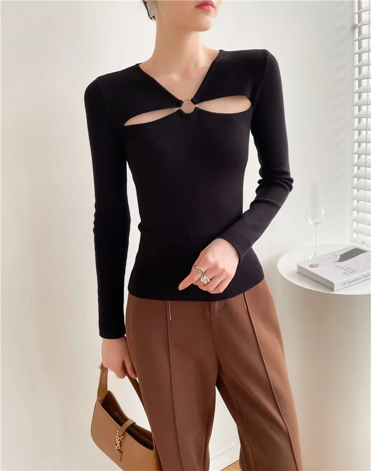 

Новинка, сексуальный женский пуловер, повседневный облегающий свитер с вырезами, женские эластичные Топы с длинным рукавом для женщин