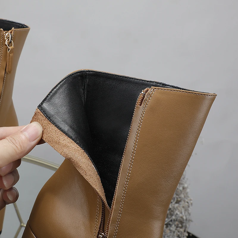 2023 Autumn/Winter Black Brown Genuine Leather High Boot Fashion Party Thick Heel High Heel Side Zipper Brand Women's Boots34-42