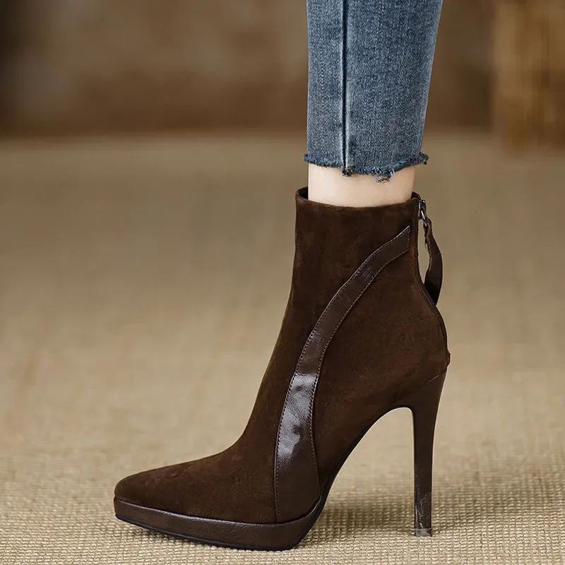 Ботильоны на высоком каблуке с острым носком женские замшевые туфли шпильке