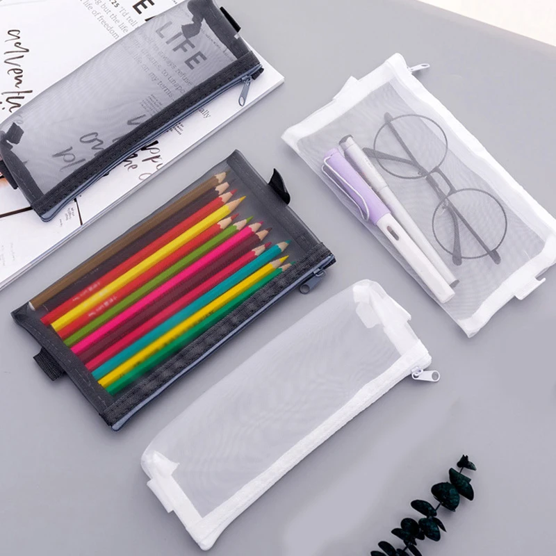 

Transparent Mesh Pencil Bag Pencil Case Large Capacity Clear File Folder Zipper Pencil Pouch Nylon Pen Box Fashion Creative