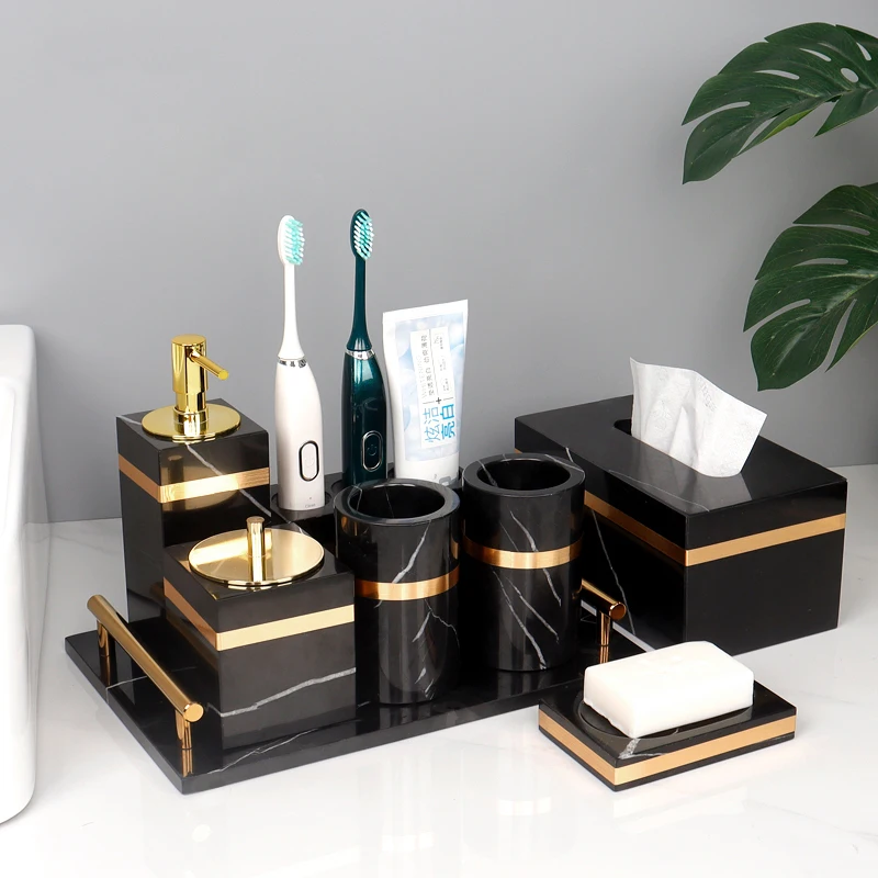 

Nero Marquina Natural Marble Bathroom Set Golden Luxury Soap Dish Toothbrush Holder Soap Dispenser Bathroom Accessories