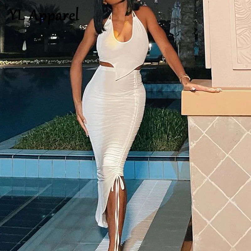 

Two Piece Set White Dress 2022 Summer Sexy Women's Halter Lace-up Backless Shirring High Waist Wedding Party Dresses Suits Skirt