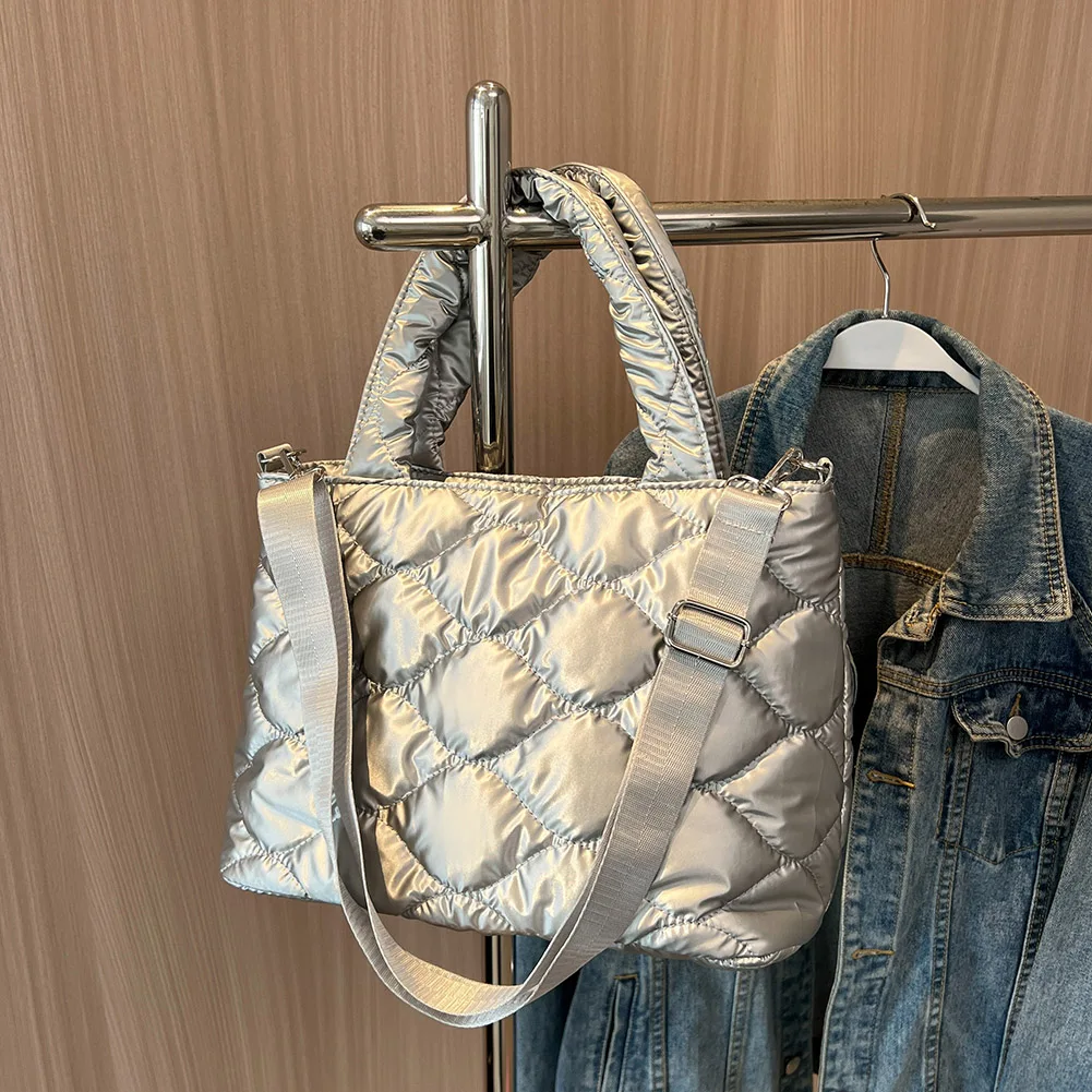 

Women Messenger Bag Solid Color Nylon Cotton-padded Top-handle Bag Casual Zipper Winter Fashion Quilted Winter Women Tote