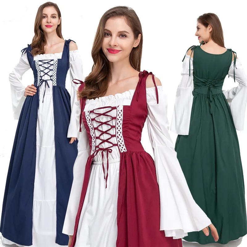 

Halloween Women European Medieval Court Fancy Vampire Cosplay Costume Vintage Strapless Long Sleeve Queen Elegant Dress M-3XL