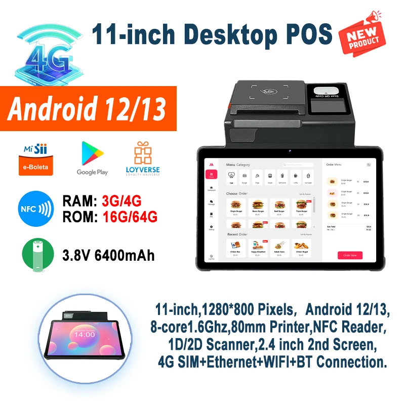 Красивый 11-дюймовый POS-терминал Android 12 с 80-миллиметровым принтером 3G+16G/4G+64G для