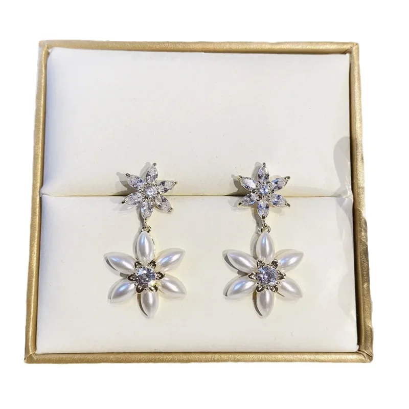 Супер роскошные женские серьги-кольца с цирконием дизайн цветком и жемчугом