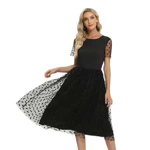2022 Women Clothing New Spring Lace Stitching Mid-Length Black Polka Dot High Waist O-Neck Dress Vestidos French Elegant Dresses