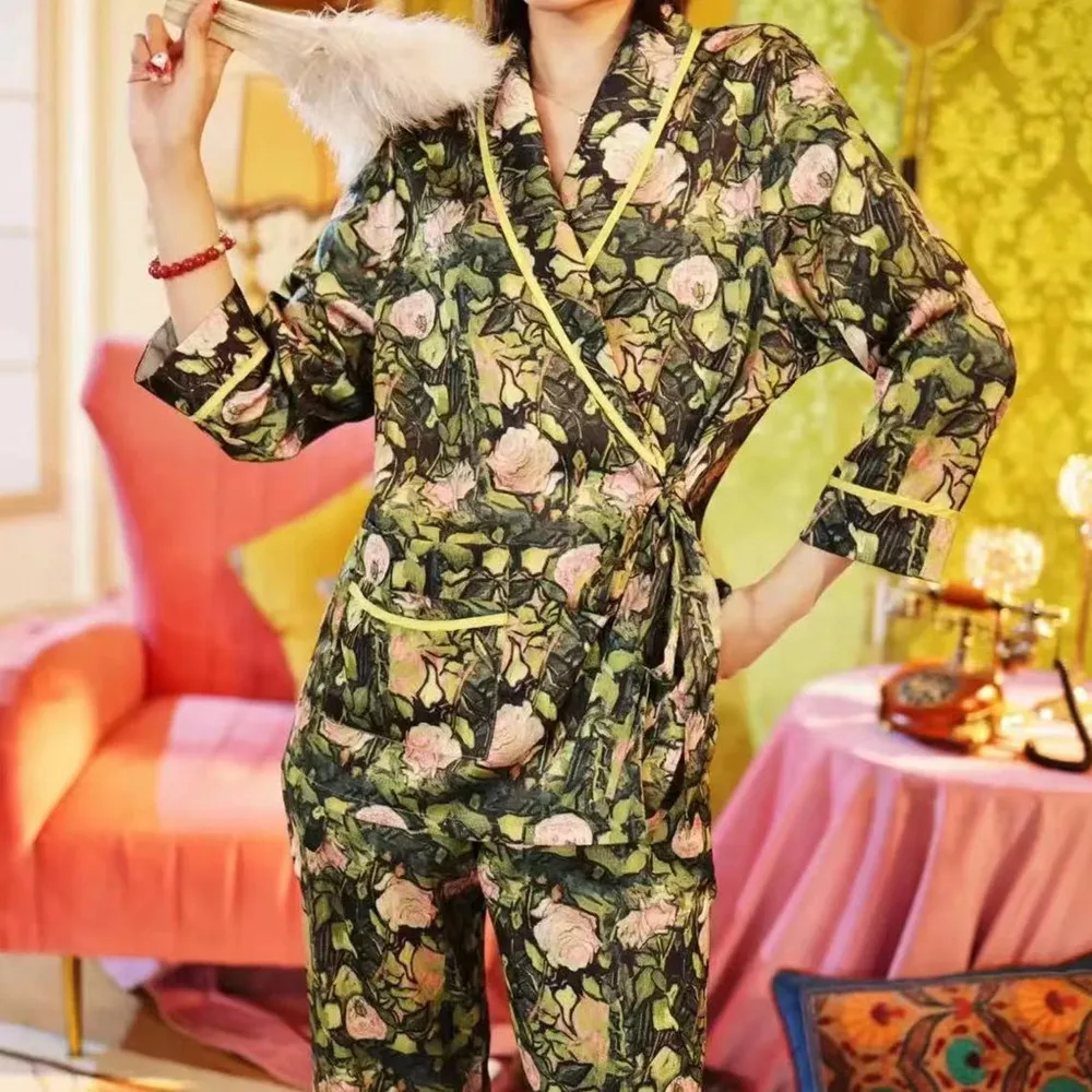 Floral Satin Sleep&Lounge Long Sleeve Pants Homewear Suit Women's Pajamas 2 Pcs Set Rosa Bush