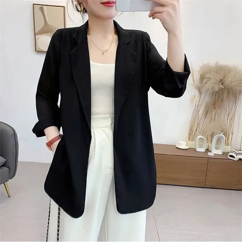 

Suit Jacket Women Summer Thin 2022 New Casual Loose Split Sunscreen Cardigan Elegant Black Blazer Mujer White Outerwear