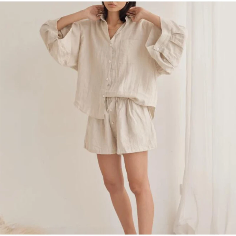 Loose Single-breasted Shirt and Elastic Waist Trousers Ladies 2 Pieces Sets Oversized Summer Casual Linen Solid Shorts Women Set