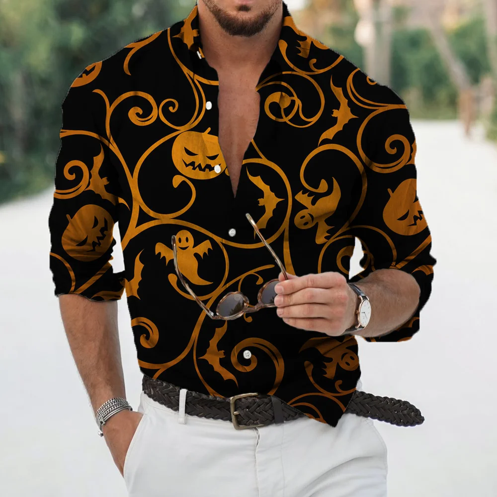 Men's Shirts Halloween Pumpkin Lantern Print Spring Autumn Long Sleeve Shirts Fashion Hawaiian Shirts Oversized Clothing Camisa