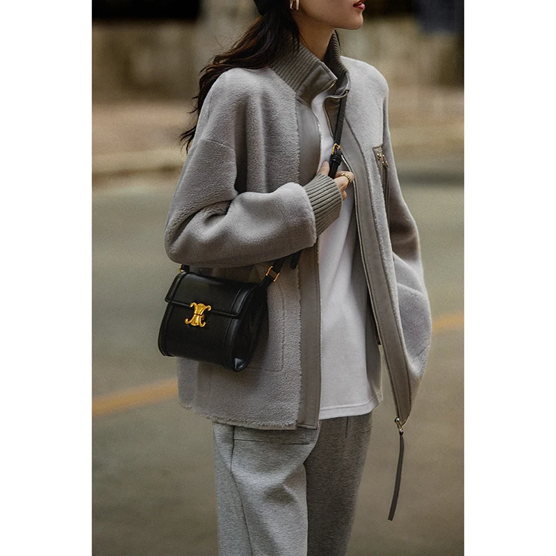 

2022 Autumn And Winter New Simple Fashion Baidu Korean Version Design Sense Stand Collar Warm Stitching Motorcycle Coat Jacket