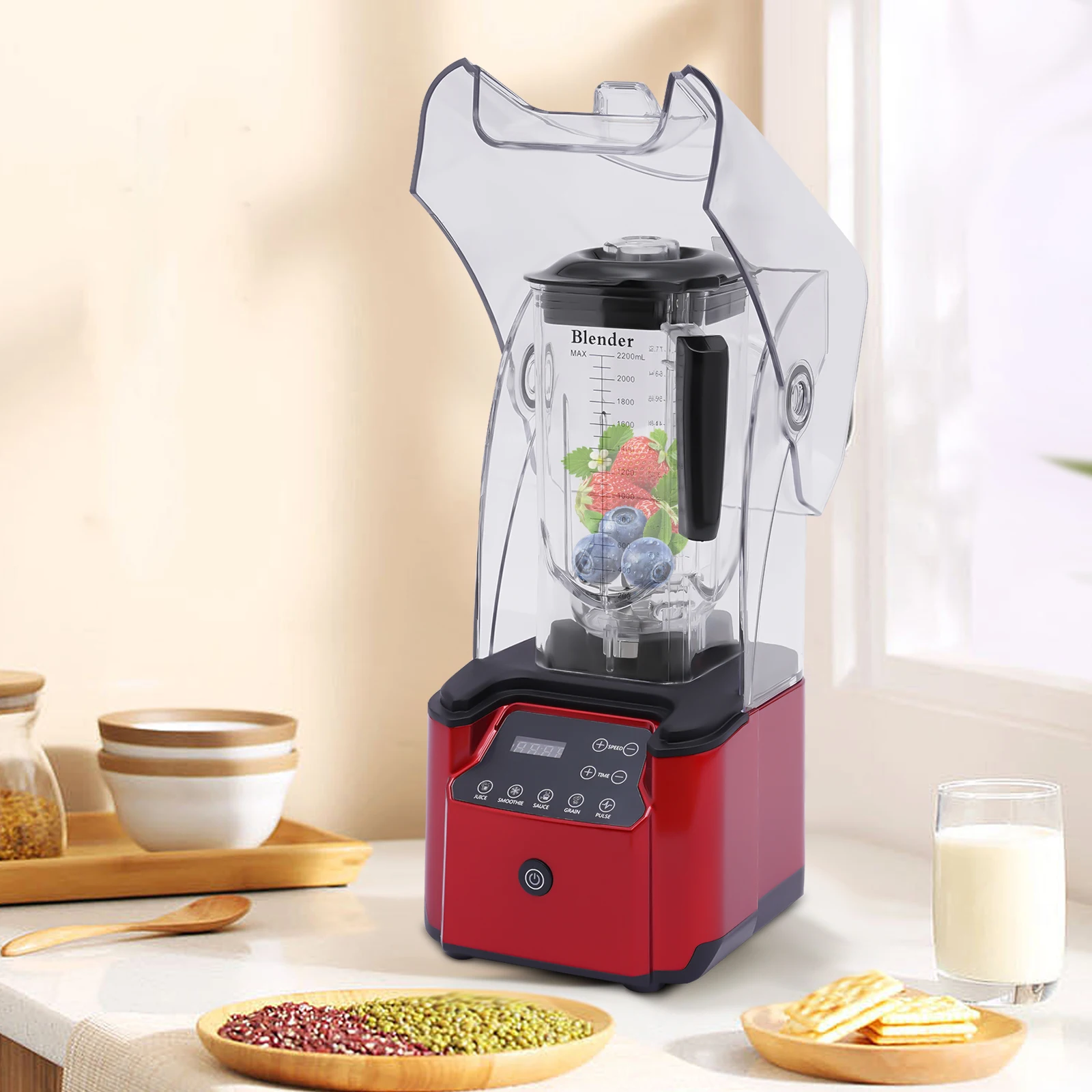 Soundproof Cover Blender Machine 2.2L Fruit Juicer Smoothie Mixer Ice Crusher Commercial Timed
