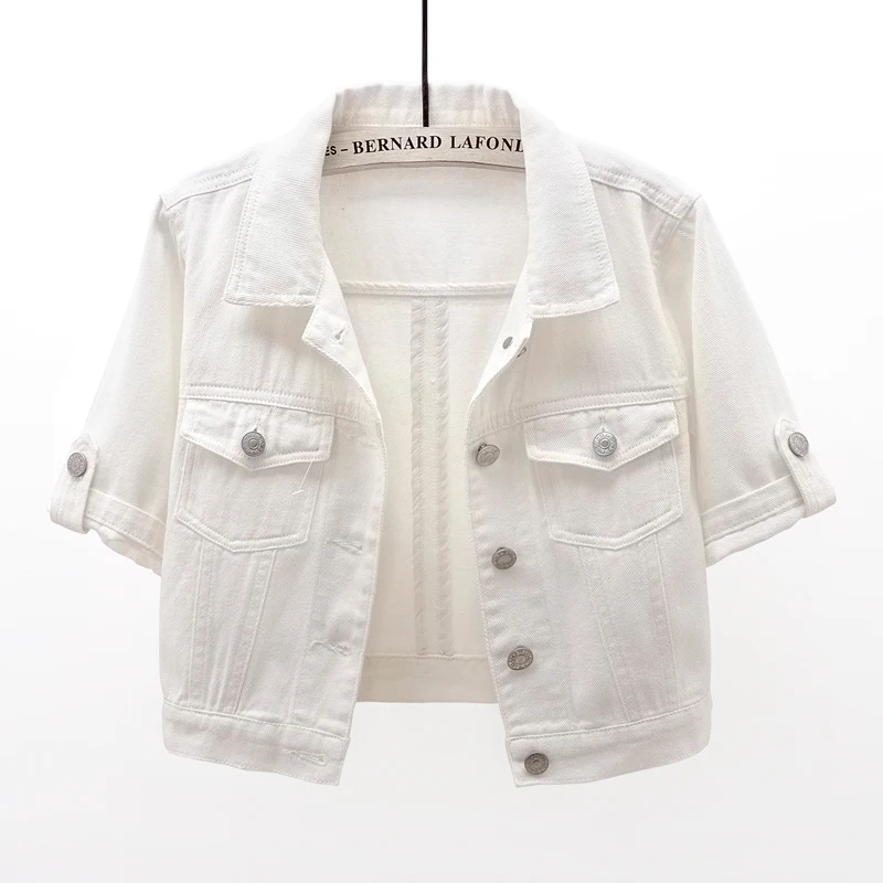 

White Denim Jacket Women Summer Thin Korean Fashion Slim Short Cowboy Outerwear Big Pocket Half Sleeve Jeans Jacket Coat Female