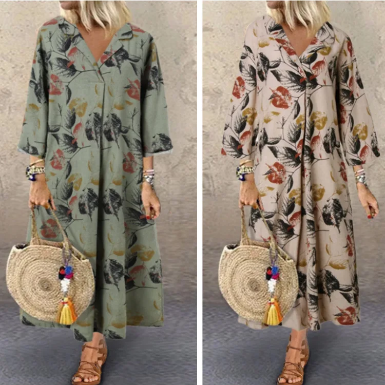 

2023 New Women's Holiday Casual Polo Long Floral Printed Cotton Dress