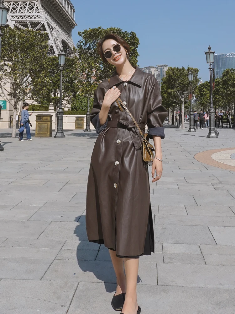 Long Leather Coat Women's Coat Medium Length Knee Length 2022 Elegant Lady Office Winter Autumn Leather Trench Coat for Women