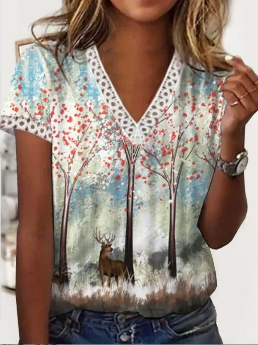 Женская Кружевная футболка с V-образным вырезом и коротким рукавом |