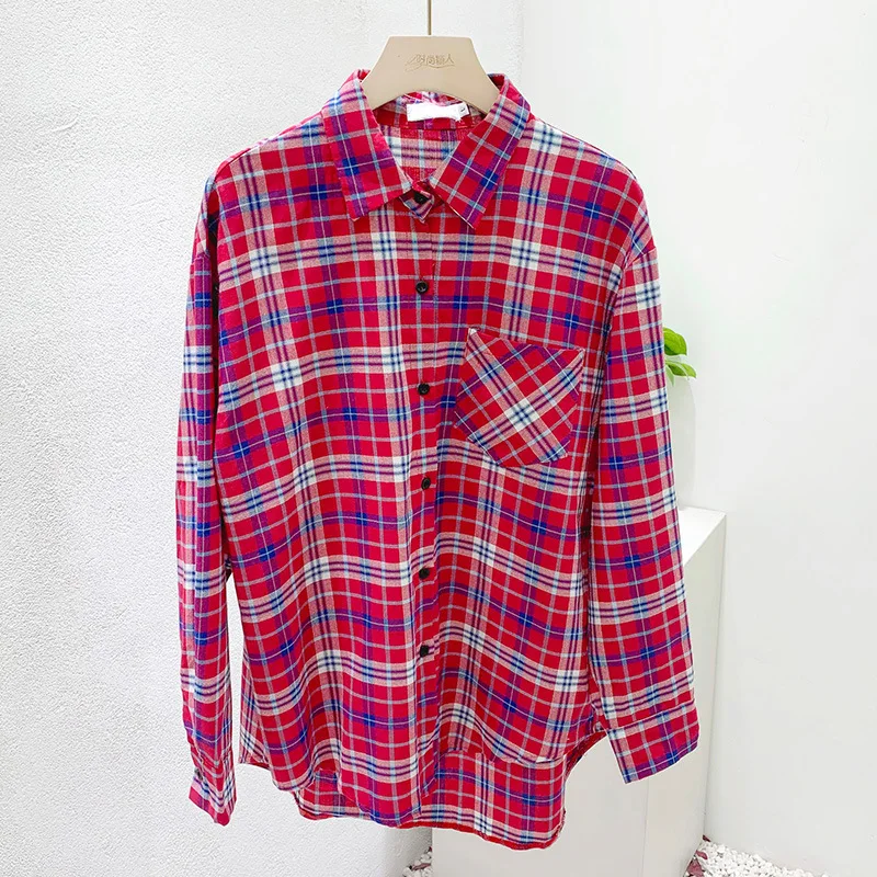 Блузка женская свободного кроя в клетку 100% хлопок с длинным рукавом