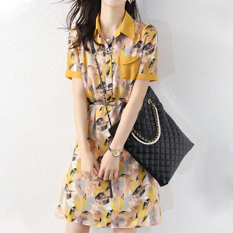 Элегантное модное платье с карманами и принтом в стиле пэчворк на пуговицах